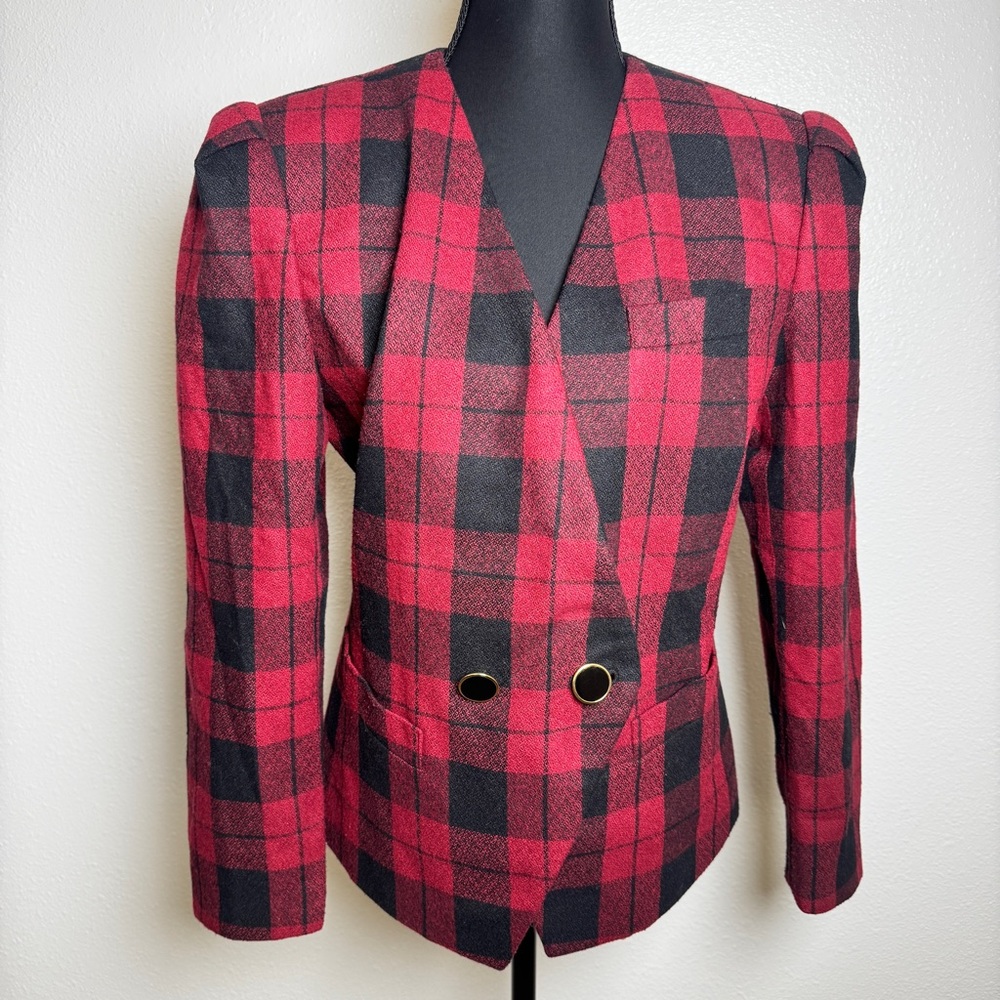 Vintage 80s Sasson Petite Buffalo Plaid Power Blazer Red Black 6P‎